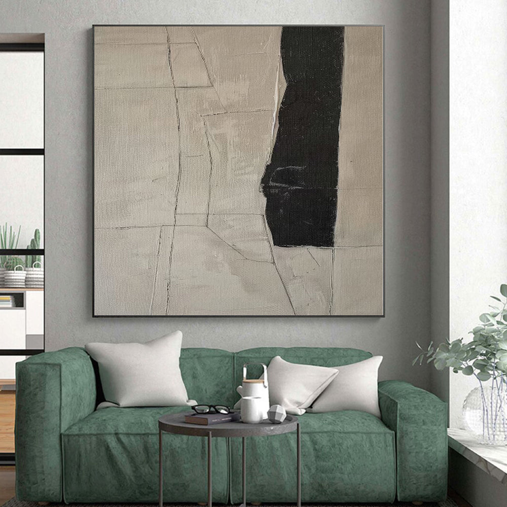 “Neutral Toned Abstract with Black Vertical Shape” - Minimalist Abstract Painting On Canvas PS0269