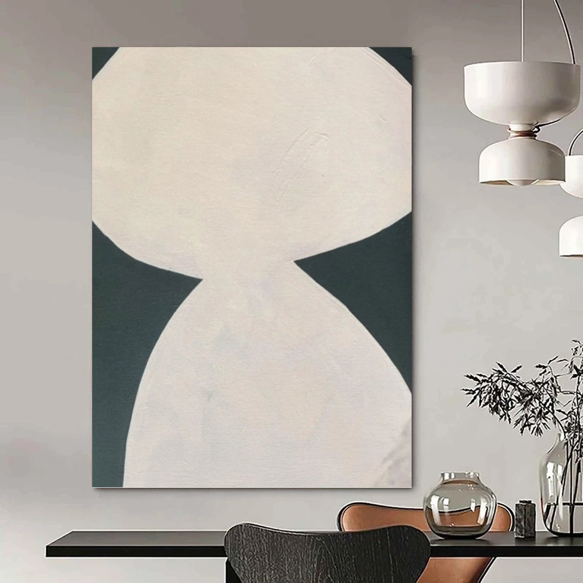 “White Curved Forms on Dark Green” - Contrasting Shapes Abstract Painting On Canvas PT1081