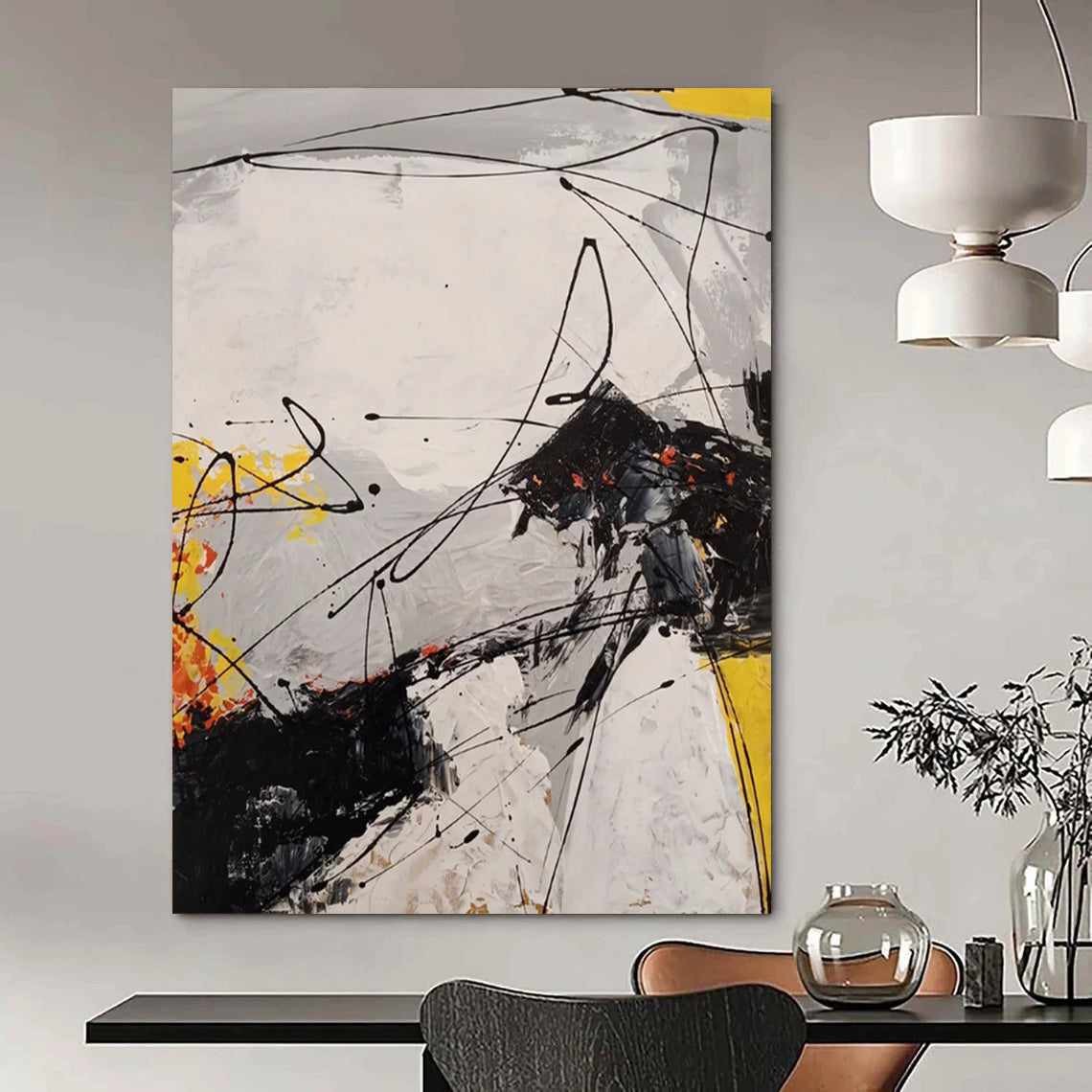 Black - White - Yellow - Orange Energetic Drips Abstract Expressionist Painting On Canvas DS054