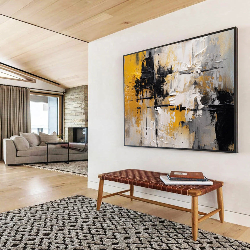 “Yellow, Black, and White Abstract Textures” - Modern Abstract Painting On Canvas PT085