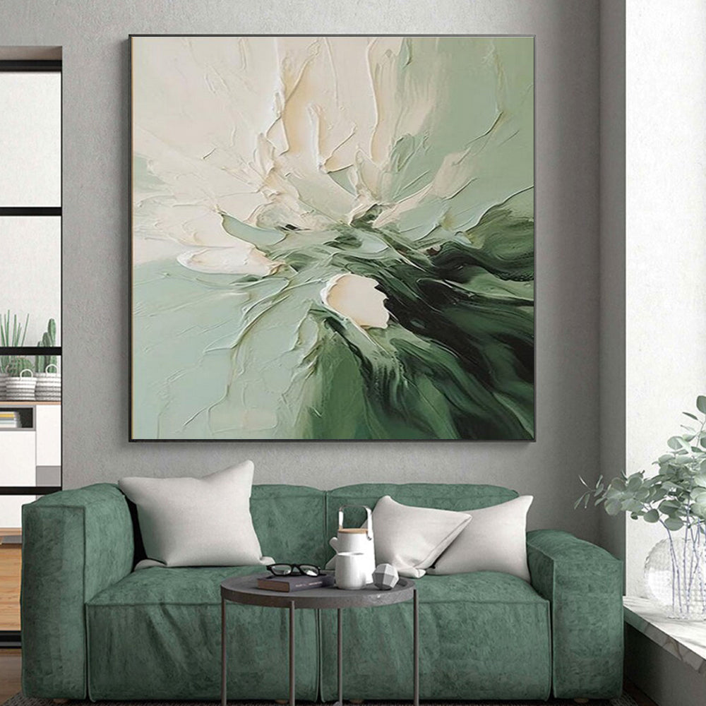 “Green - White Floral Impasto” - Green, White, Black Abstract Floral Painting On Canvas PS0624