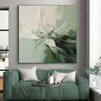 “Green - White Floral Impasto” - Green, White, Black Abstract Floral Painting On Canvas PS0624