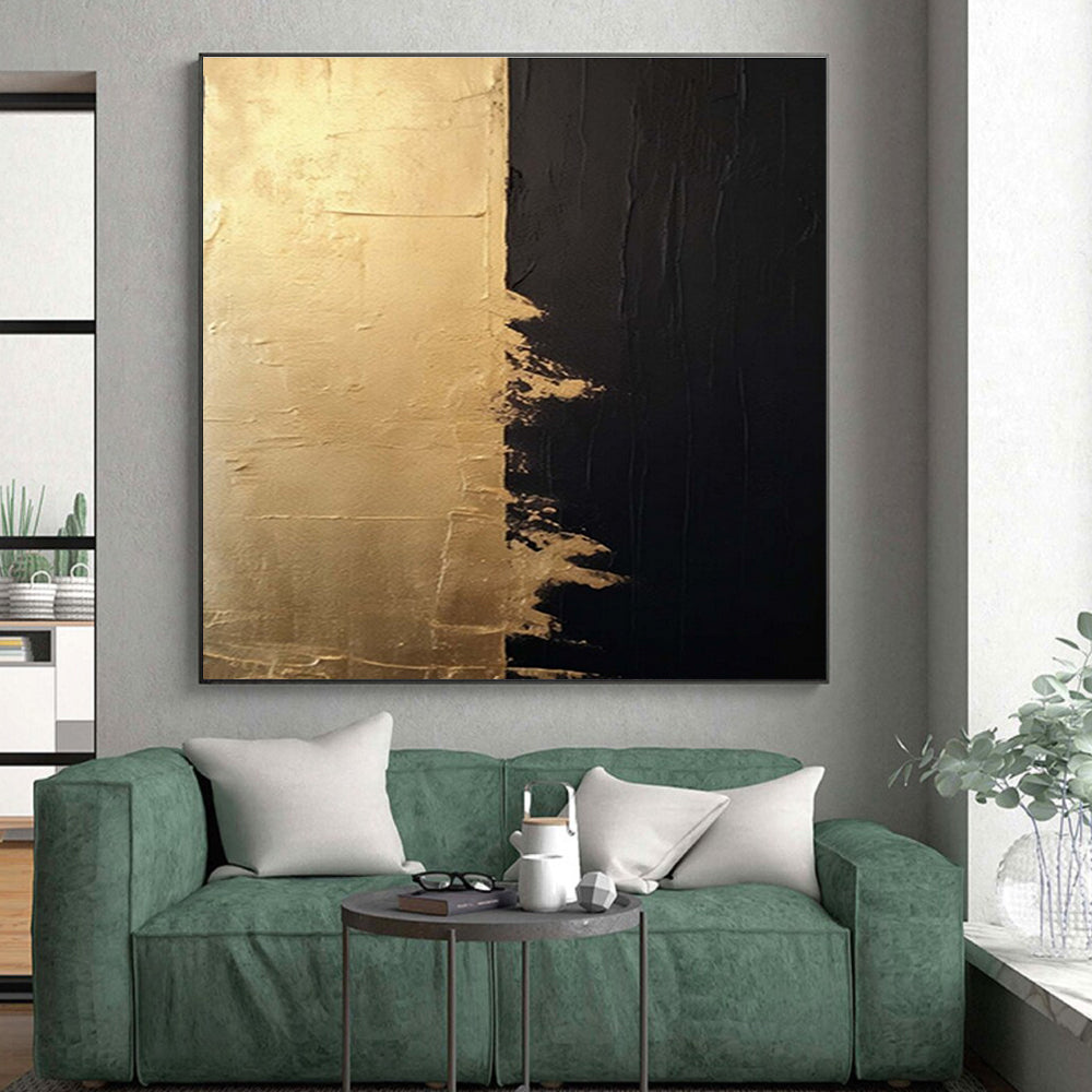 “Gold & Black Contrast” - Gold, Black Abstract Minimalist Painting On Canvas PS0690