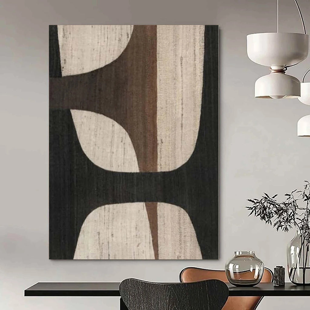 “Black - Brown - Beige Geometric” - Mid - Century Abstract Painting On Canvas PS0155