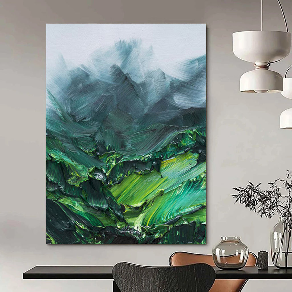 “Green Mountain Textures: Impasto Landscape” - Bold Nature Painting On Canvas PT0944