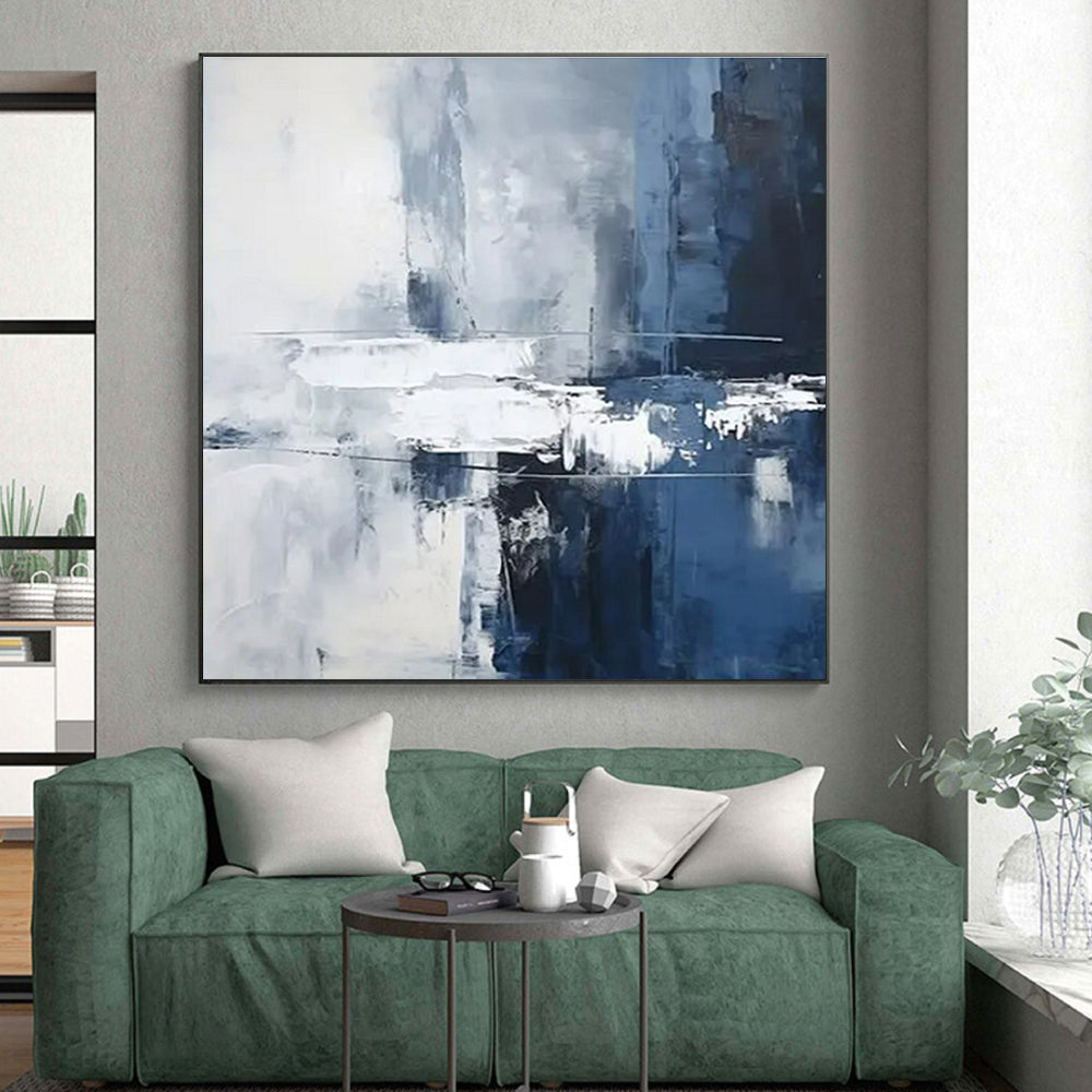 Blue, Gray & White Subtle Abstract "Ocean Mist" Painting On Canvas PS0851