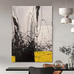 Black - White - Yellow Dynamic Lines Abstract Expressionist Painting On Canvas DS053