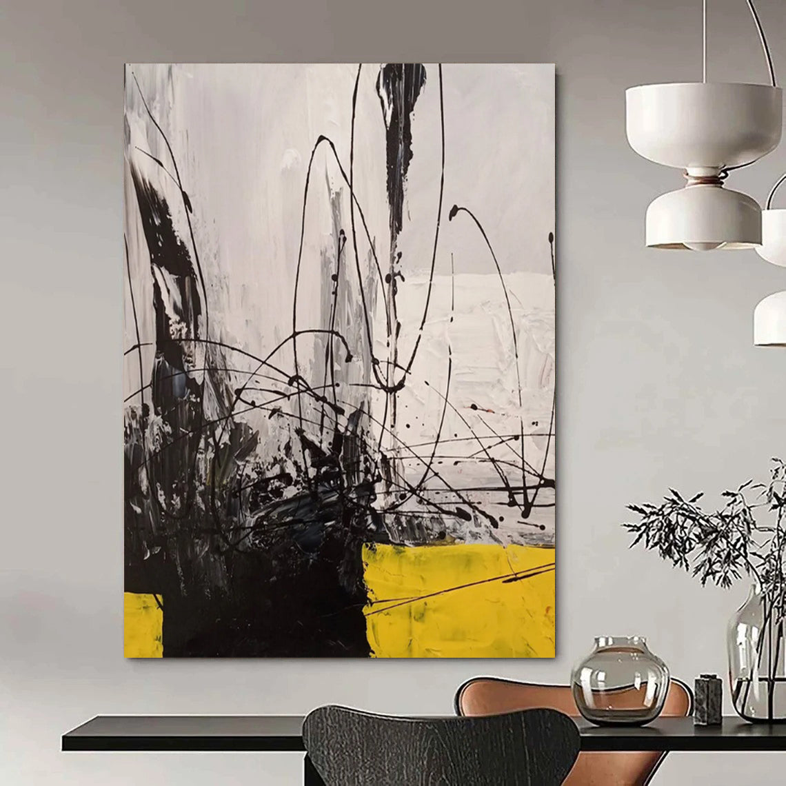 Black - White - Yellow Dynamic Lines Abstract Expressionist Painting On Canvas DS053
