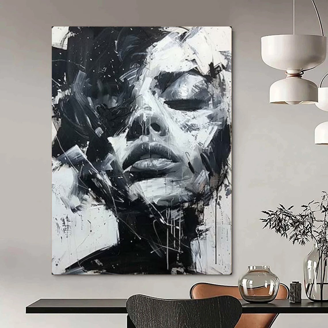 Black & White Dynamic Face, Abstract Expressionism, Painting On Canvas PT2139