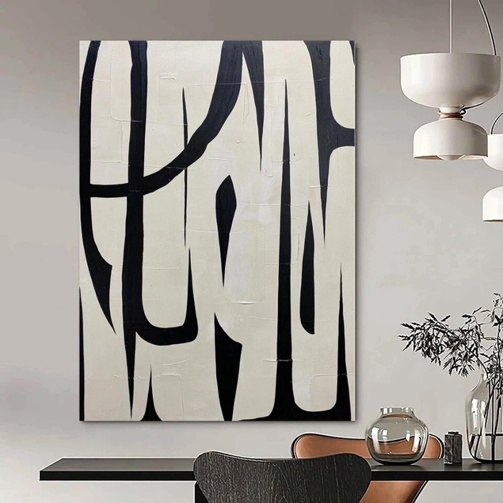 Black and White with Bold, Intertwined Forms "Dynamic Interplay" Abstract Painting On Canvas PS1133