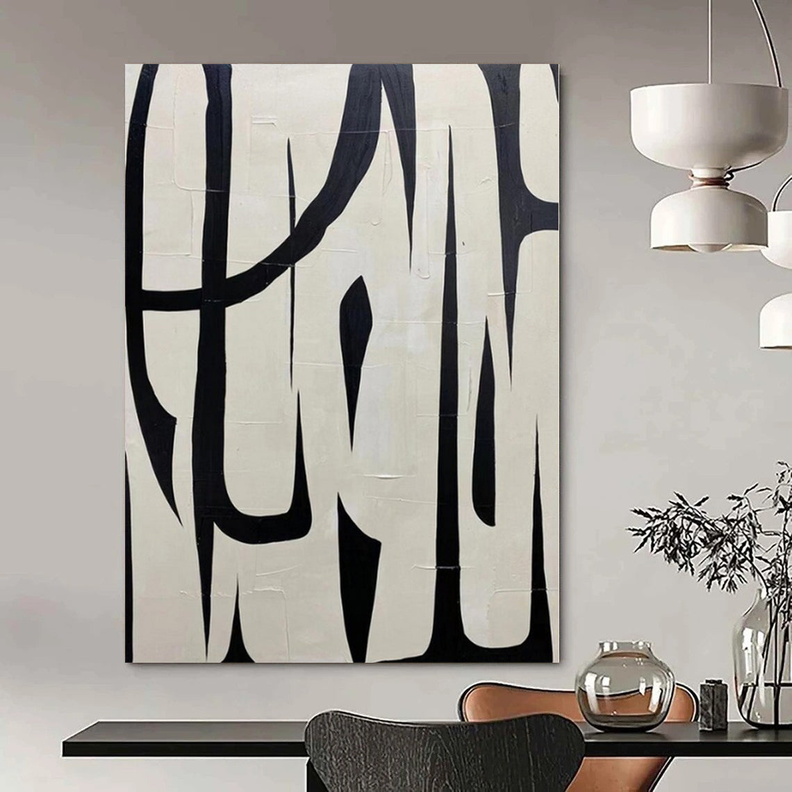 Black and White with Bold, Intertwined Forms "Dynamic Interplay" Abstract Painting On Canvas PS1133
