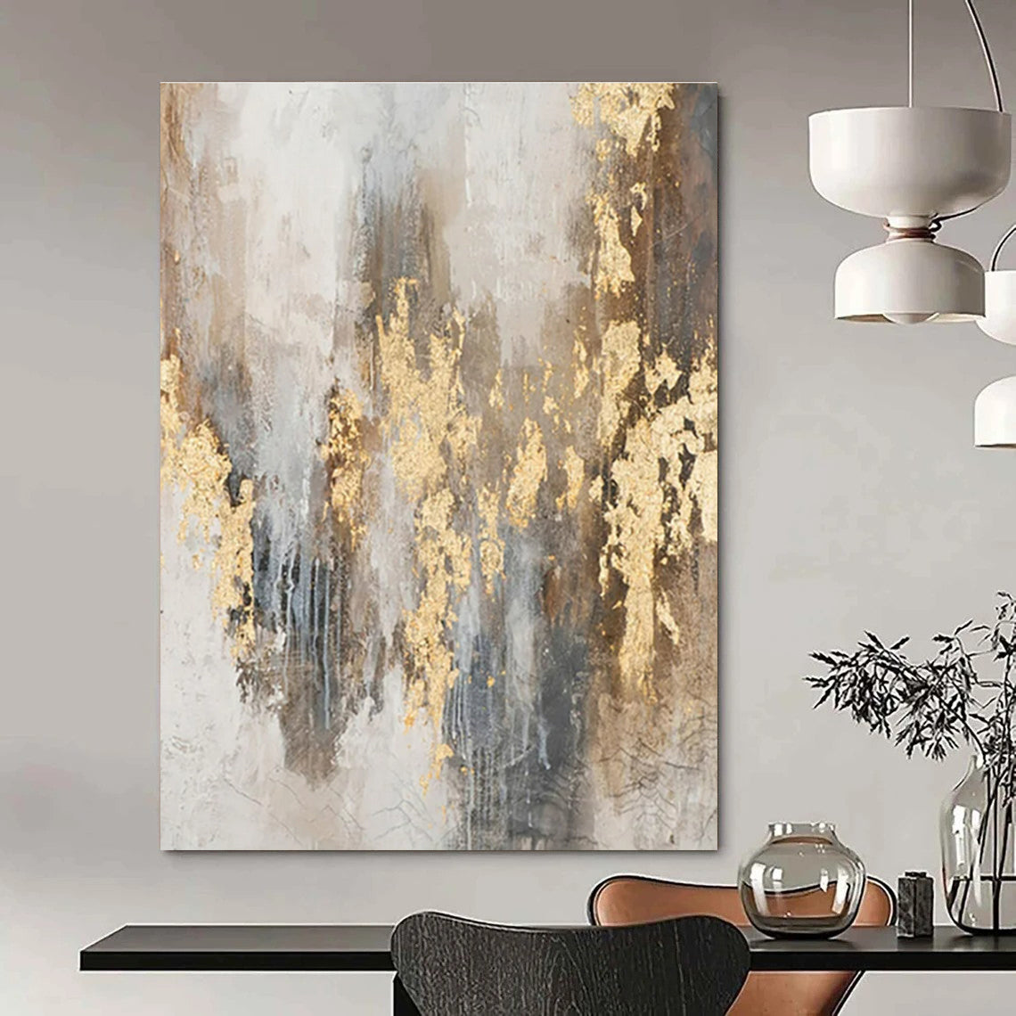Gray, Brown, Gold with Textured Splashes "Gilded Grunge" Abstract Painting On Canvas PS1471