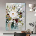 White, Pink, Green Flowers with Textured Petals "Colorful Textured Blooms" Impressionist Painting On Canvas PS1332