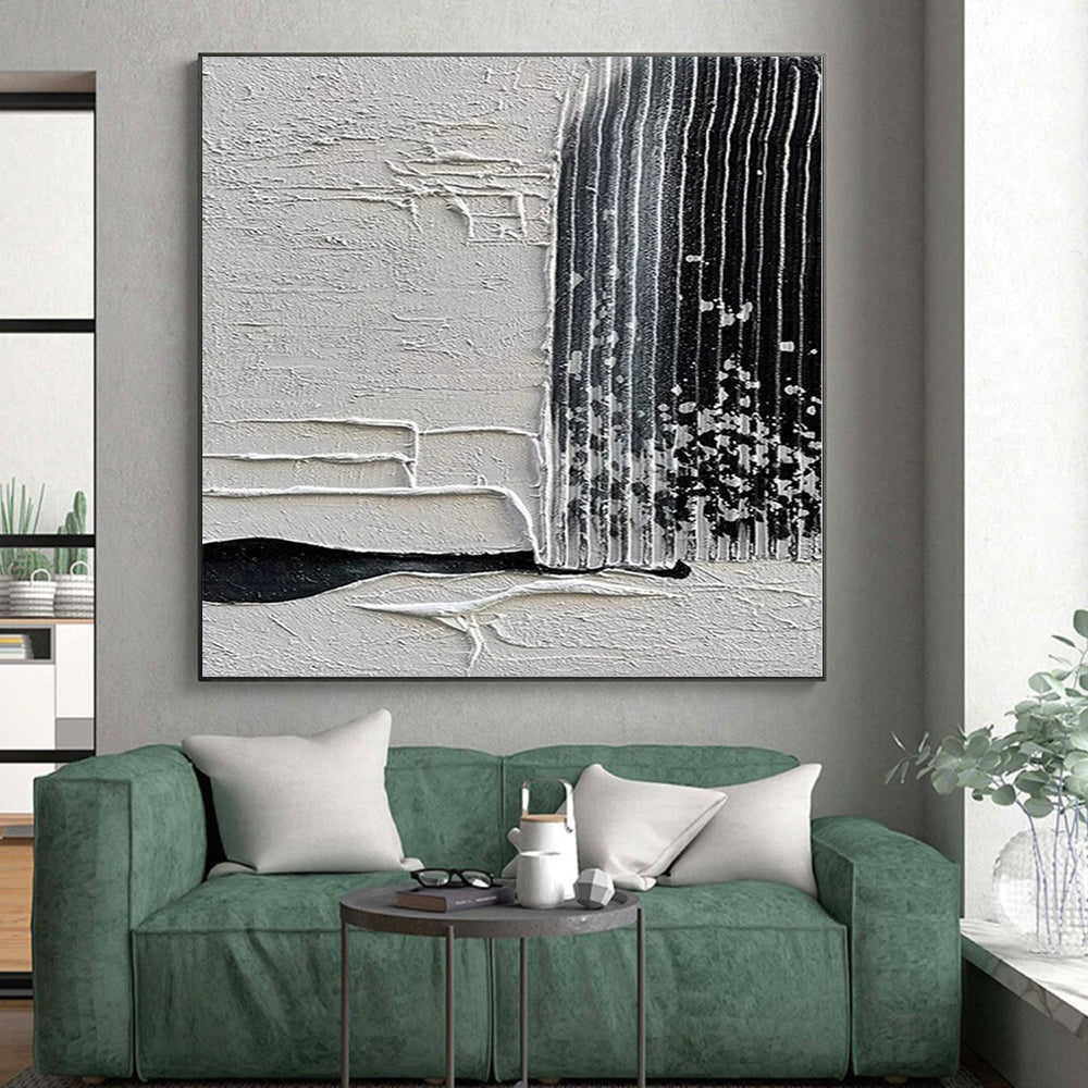 “Tactile White - Black Abstract with Raised Lines” - Textured Abstract Painting On Canvas PS0280