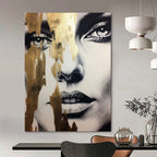 “Gilded Abstract Face” - Black - and - White with Gold Accents Art On Canvas PT2192