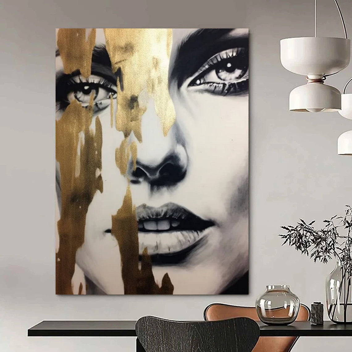 “Gilded Abstract Face” - Black - and - White with Gold Accents Art On Canvas PT2192