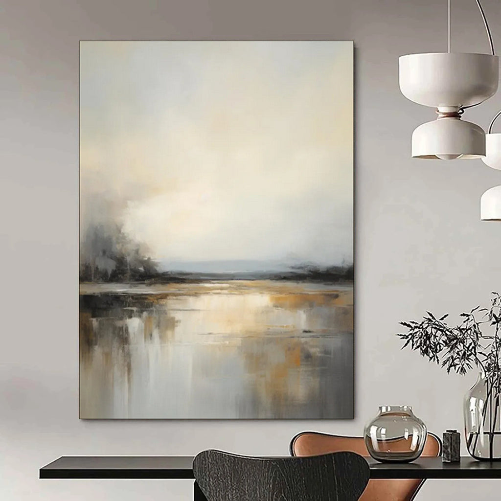 Gray - White - Gold Abstract Water Scene, Similar to the Style of J.M.W. Turner's Atmospheric Landscapes, Painting On Canvas PT2091