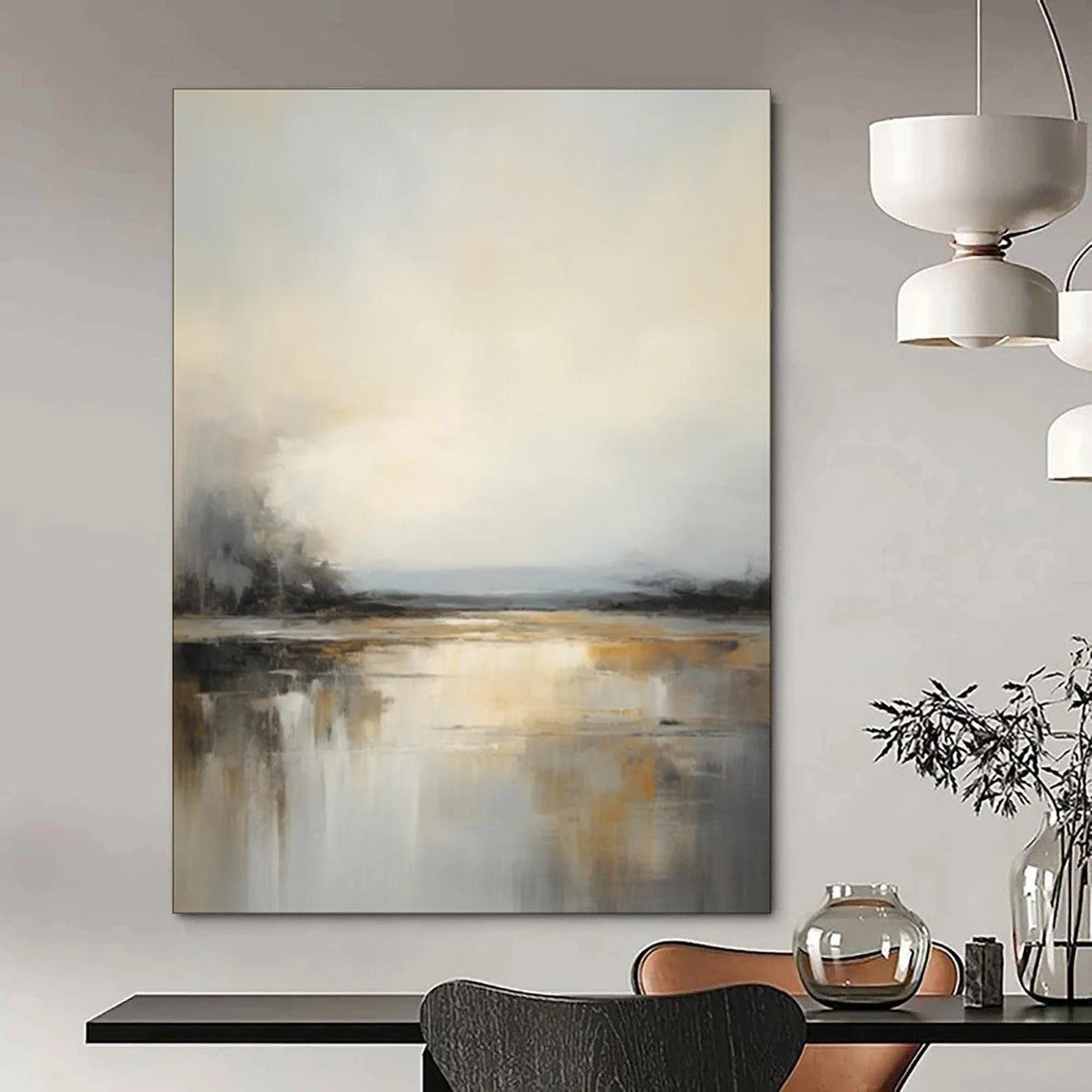 Gray - White - Gold Abstract Water Scene, Similar to the Style of J.M.W. Turner's Atmospheric Landscapes, Painting On Canvas PT2091