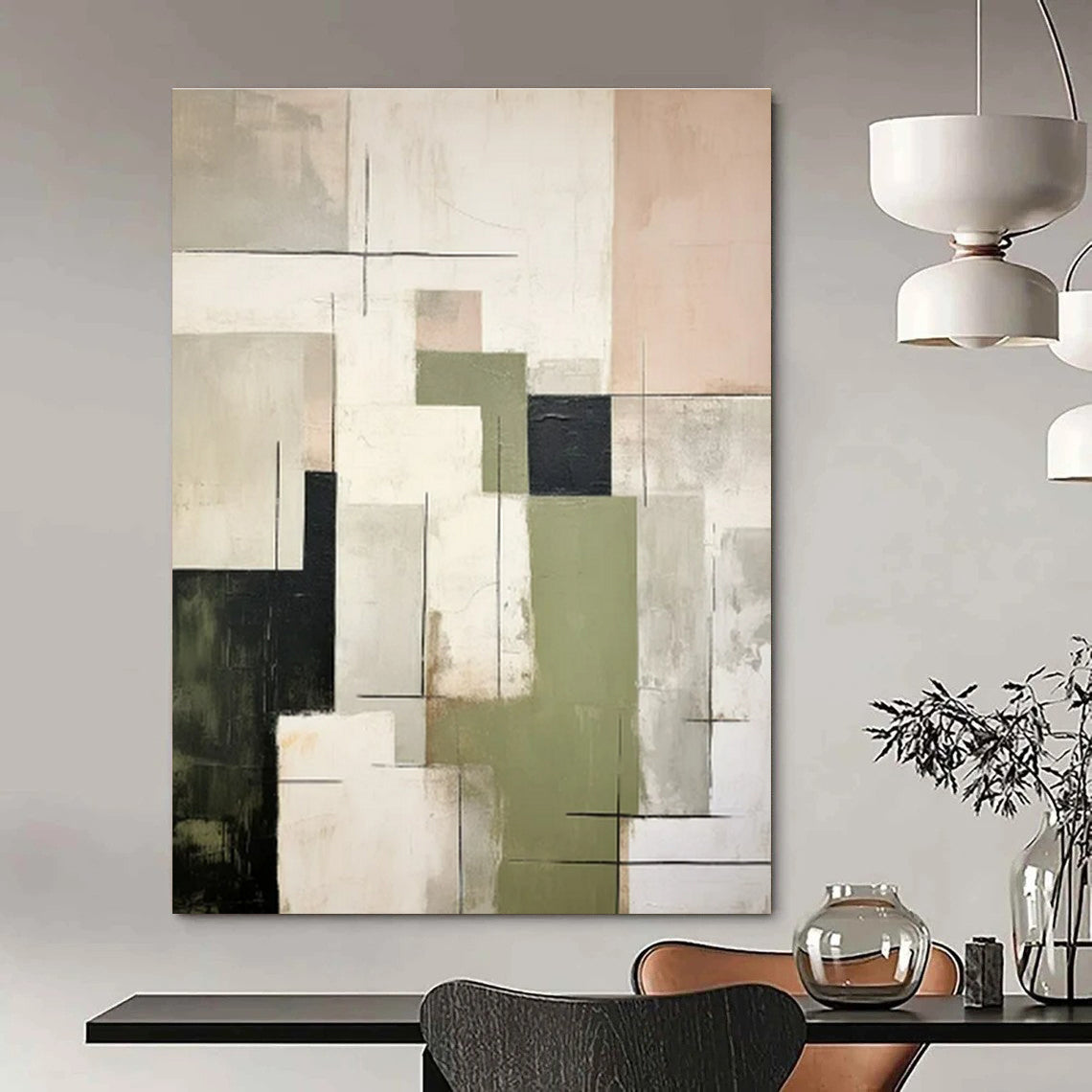 Green, Gray, Black, Beige with Dynamic Blocks "Layered Energy" Abstract Painting On Canvas PS1445