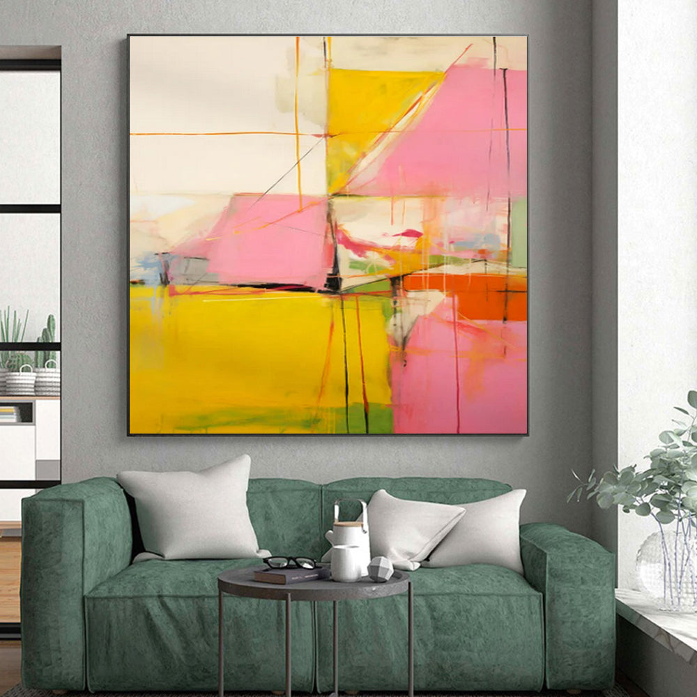 Pink, Yellow, Orange & Green Geometric Abstract "Playful Prism" Painting On Canvas PS0873