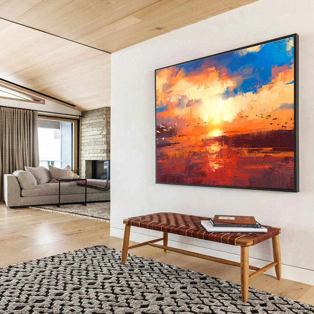 “Colorful Birds at Sunset Abstract” - Lively Landscape Painting On Canvas DKS387