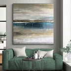 “Muted Coastal Landscape” - Blue, Gray, Beige Abstract Coastal Painting On Canvas PS0590