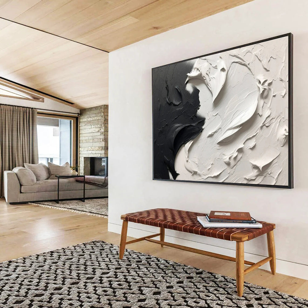 “Black - White Textured Contrast” - Abstract Impasto - Painting On Canvas PT1729