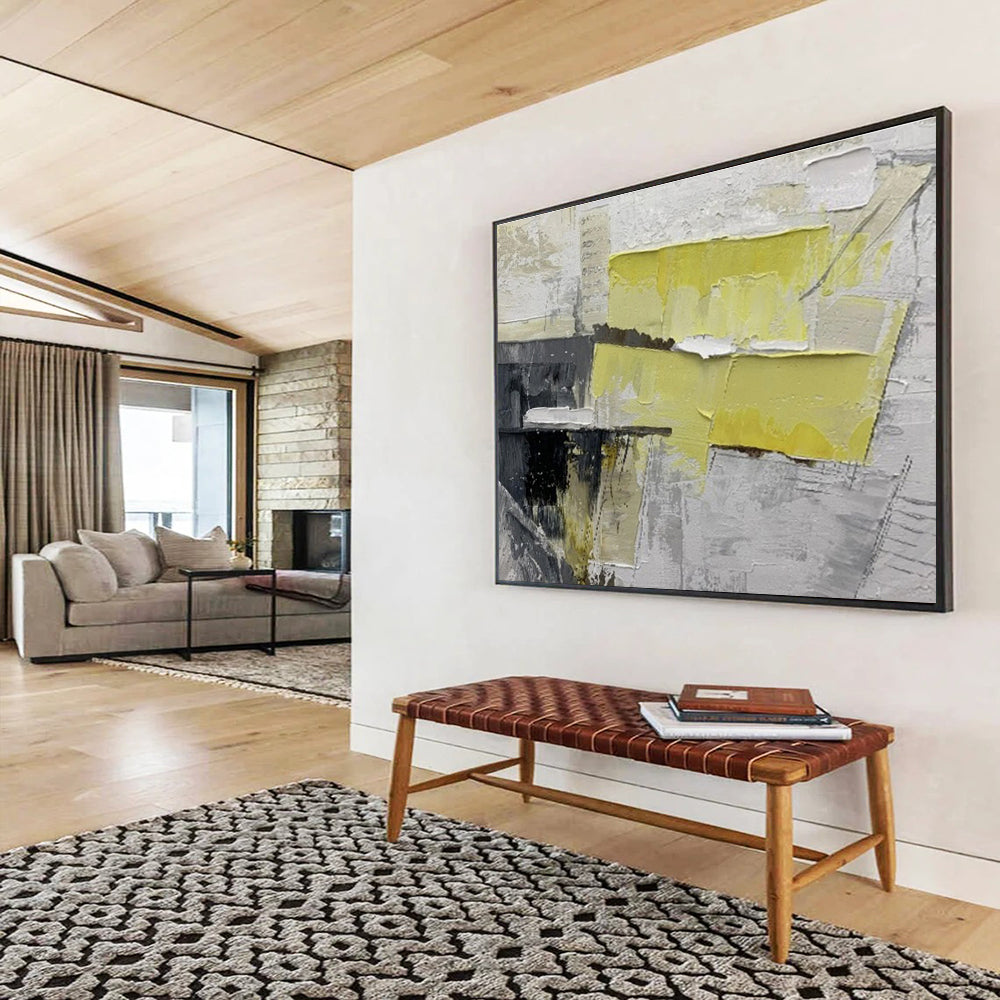 “Yellow and Gray Abstract Collage” - Abstract Mixed - Media Painting, Perfect for Office & Studio DKS595