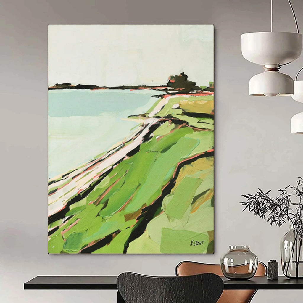 Coastal Contours Abstract Green & Blue Seaside, Painting On Canvas PT2147
