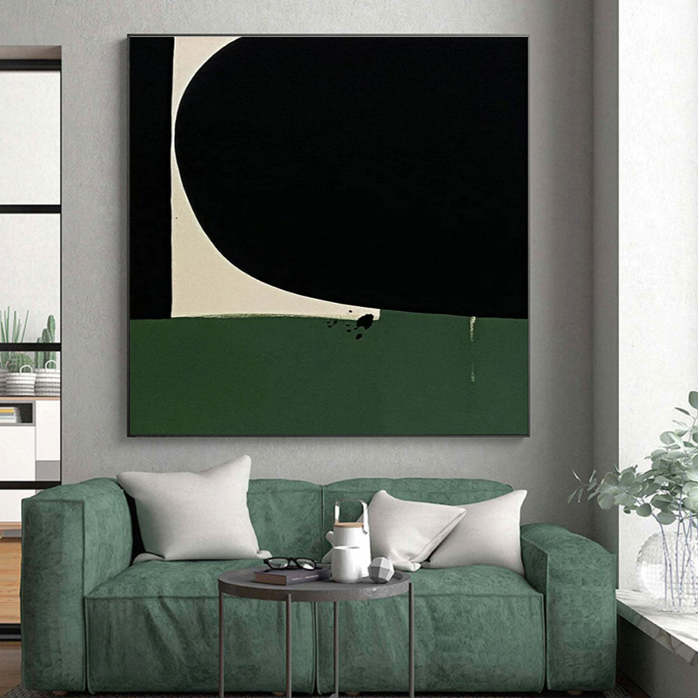 “Minimalist Color Blocks” - Black, Green, White Abstract Geometric Painting On Canvas PS0651