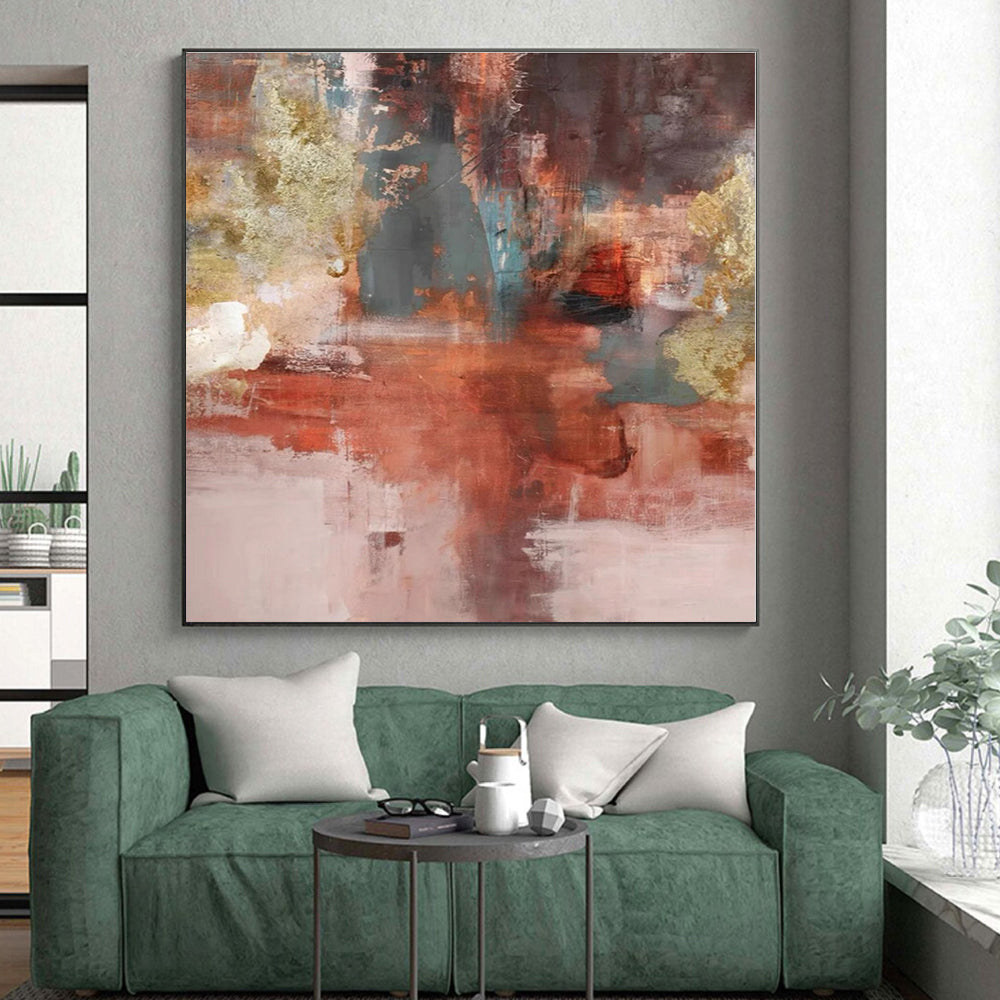 “Red - Gold - Teal Abstract Fusion” - Red, Gold, Teal Abstract Textured Painting On Canvas PS0583