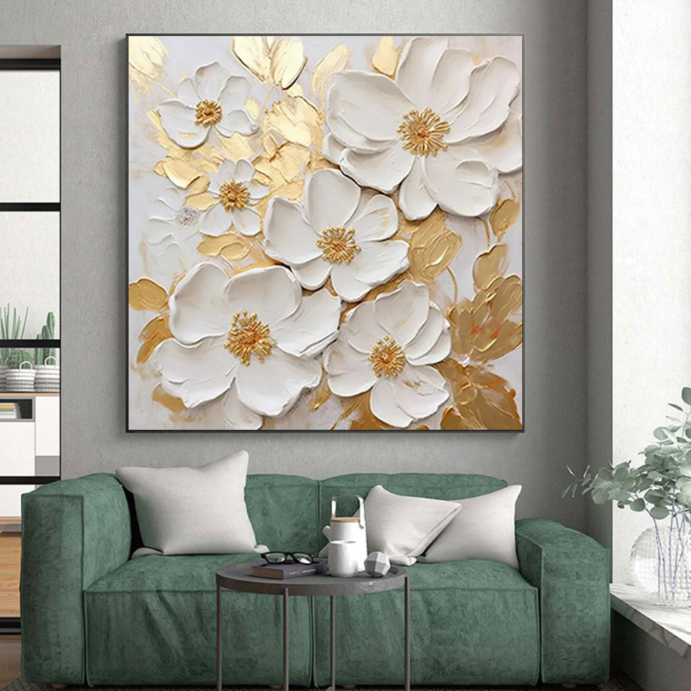 “3D White Flowers & Gold” - White, Gold Abstract Floral Painting On Canvas PS0658