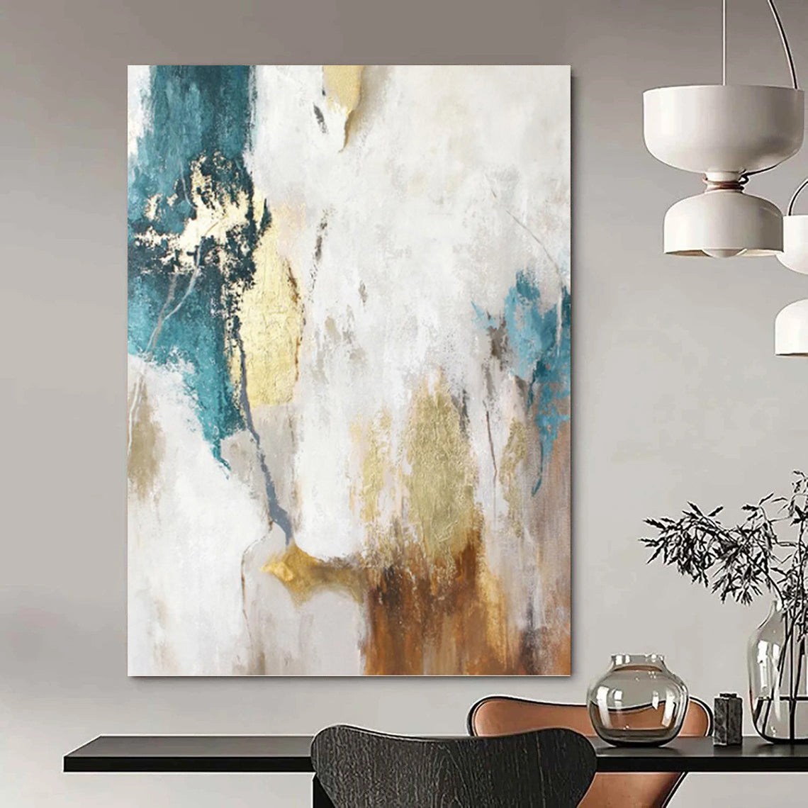 “Turquoise, Gold and White Abstract” - Vibrant Textured Painting on Canvas PT1014
