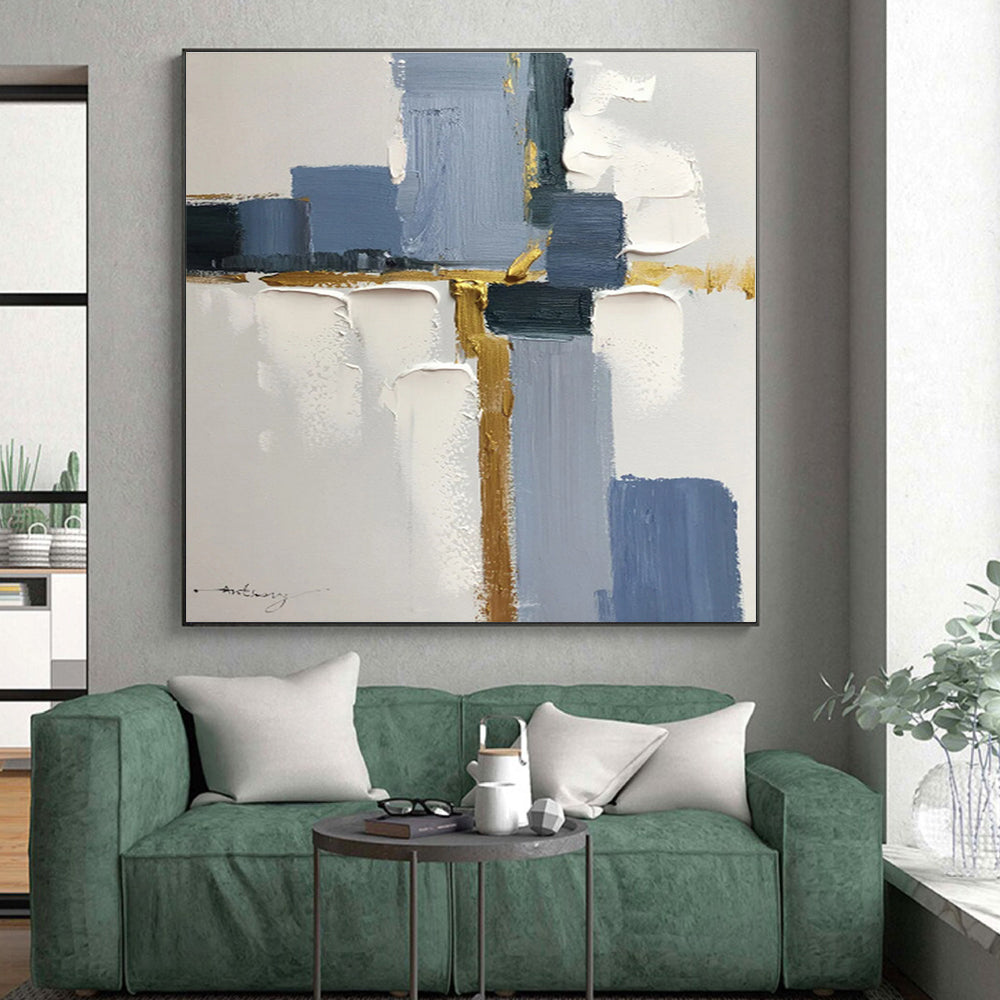 “Blue - Gold Geometric Harmony” - Blue, Gold, White Abstract Painting On Canvas PS0506