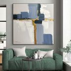 “Blue - Gold Geometric Harmony” - Blue, Gold, White Abstract Painting On Canvas PS0506