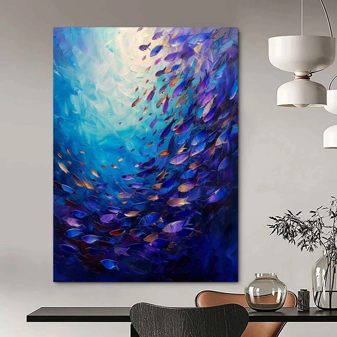 Blue - Hued Underwater Scene with Colorful Fish "Oceanic Symphony" Oil Painting On Canvas PS1064
