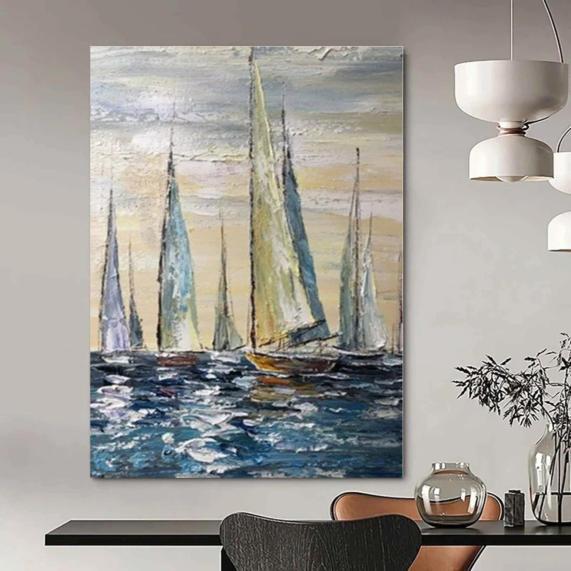 Blue, White, Beige with Sailboats "Sailboat Serenade" Impressionist Painting On Canvas PS1302