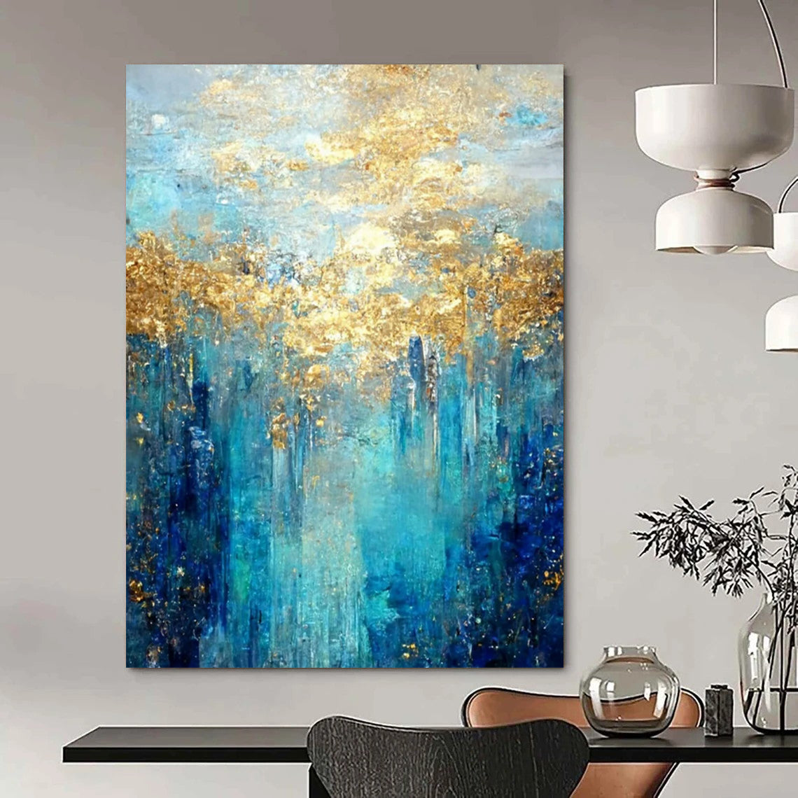 Blue - Gold Abstract Forest Textured Painting On Canvas DS065