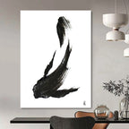 “Ink Fish Silhouette” - Bold Black Brushstrokes on White Canvas Painting On Canvas DS181