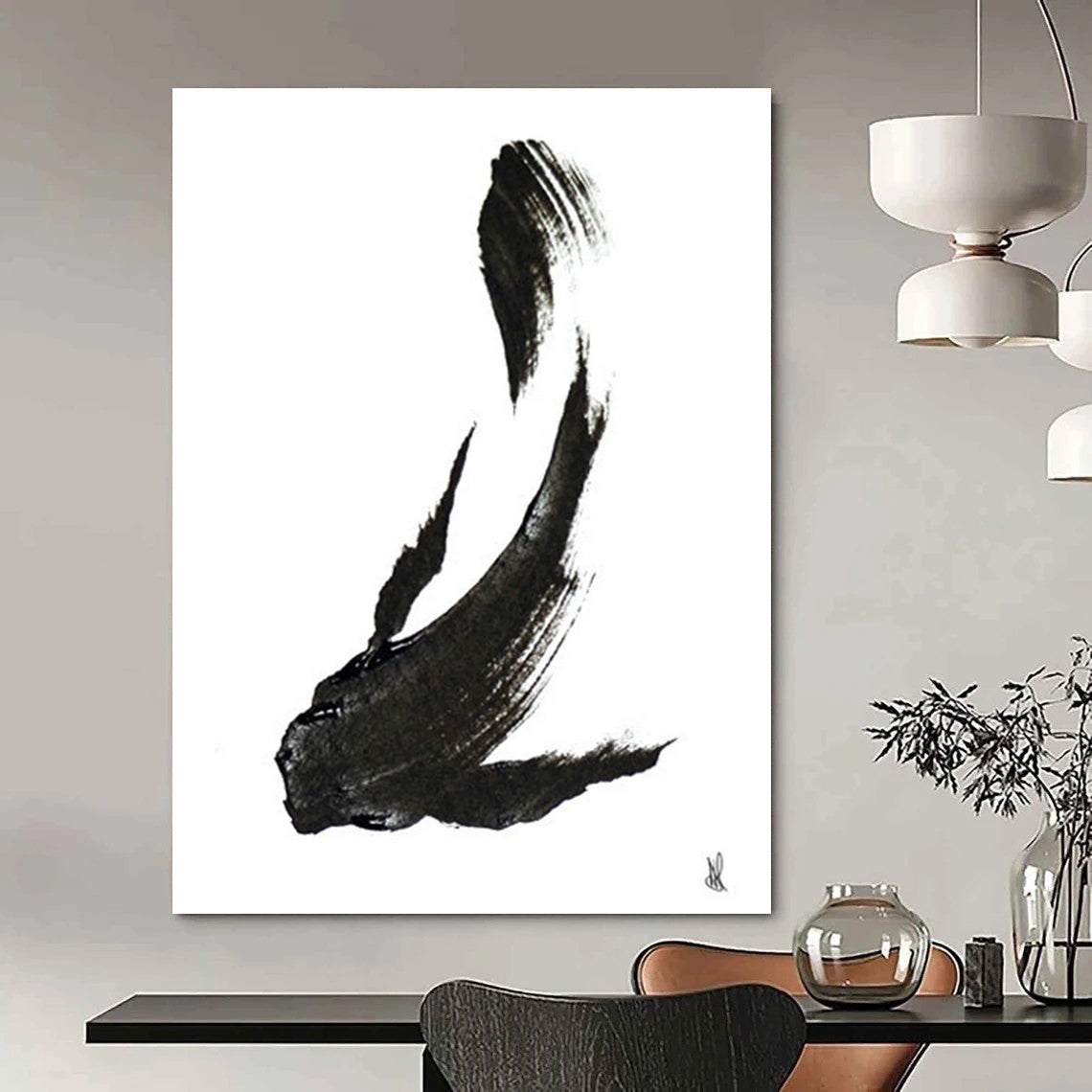 “Ink Fish Silhouette” - Bold Black Brushstrokes on White Canvas Painting On Canvas DS181