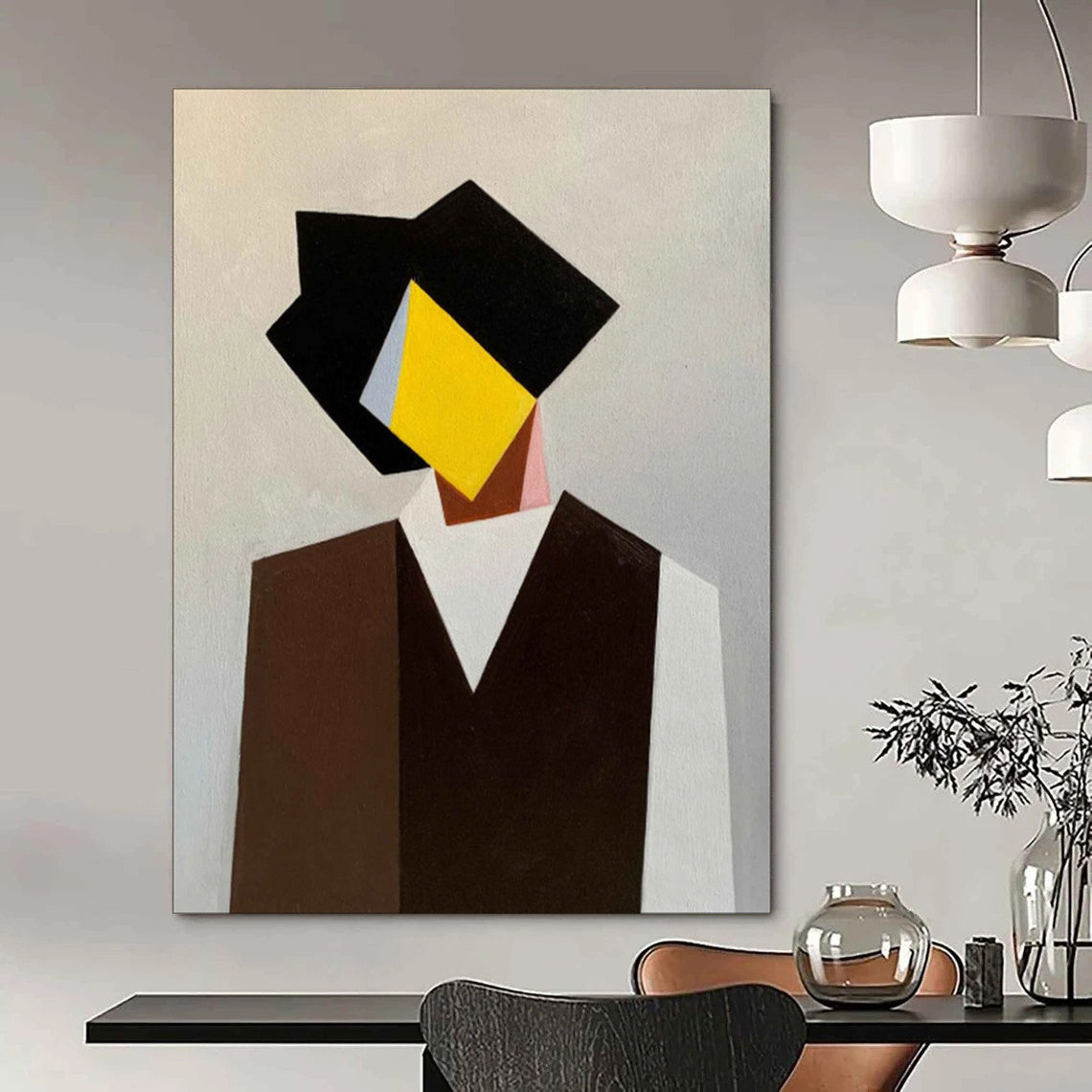 “Geometric Abstract Portrait” - Cubist Painting On Canvas PT2076