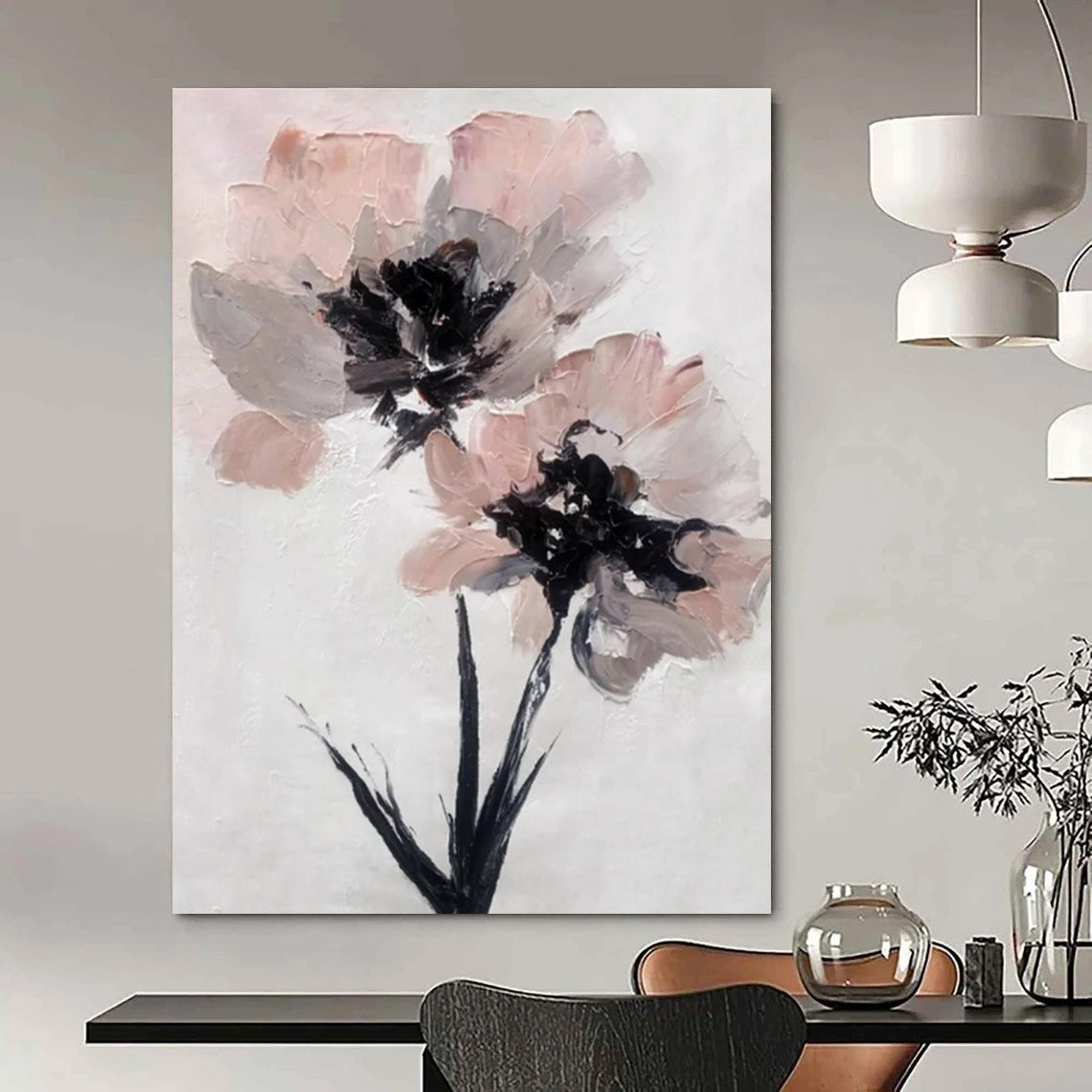White, Pink, Gray, Black with Floral Forms "Textured Blooms" Abstract Painting On Canvas PS1428