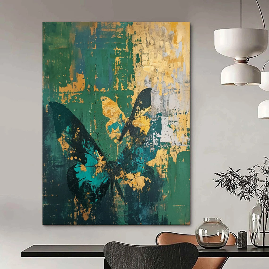 “Teal, Green, and Gold Butterfly Grunge” - Abstract Insect Painting On Canvas PT1883