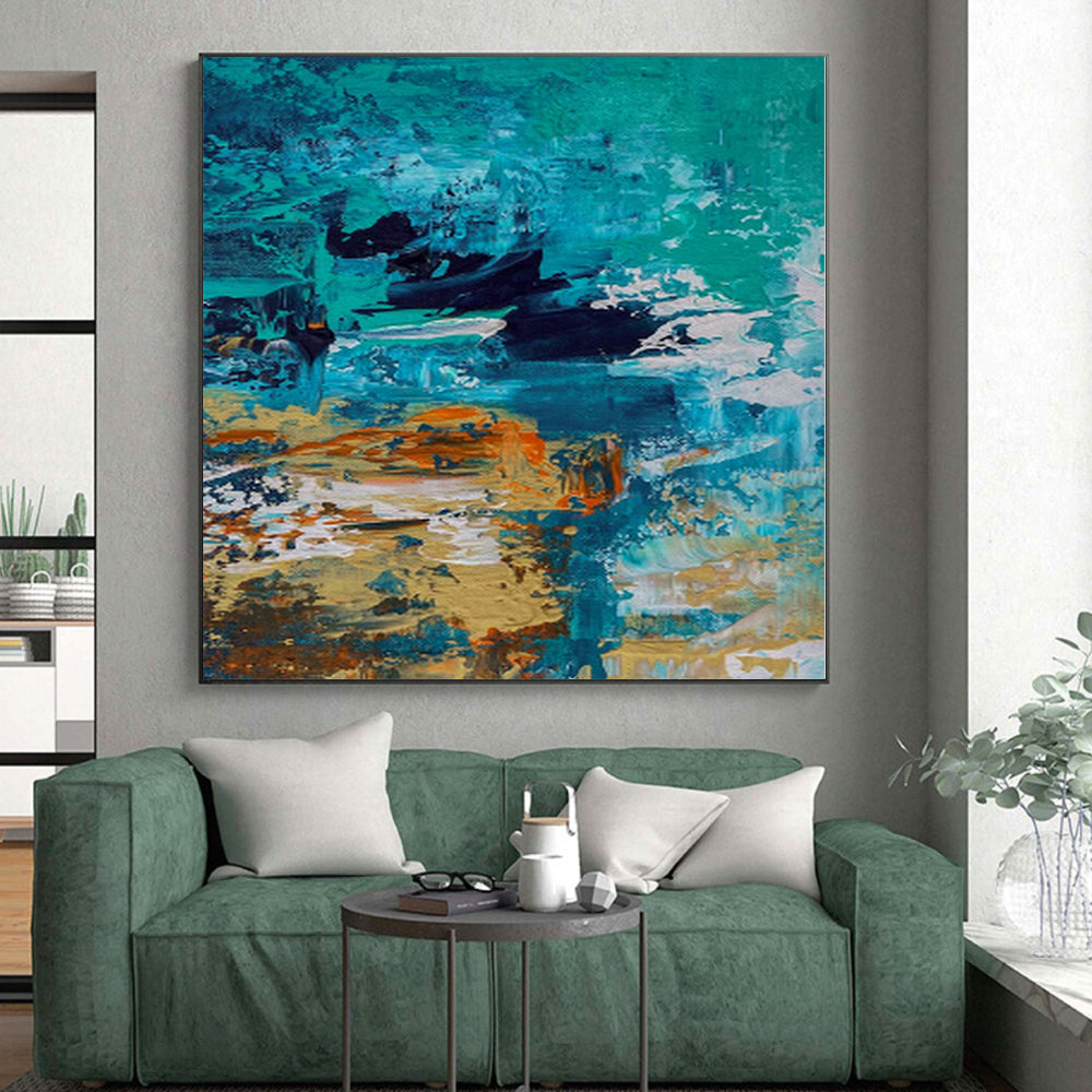 “Teal and Orange Coastal Abstract” - Seaside - Inspired Abstract Painting On Canvas PS0036