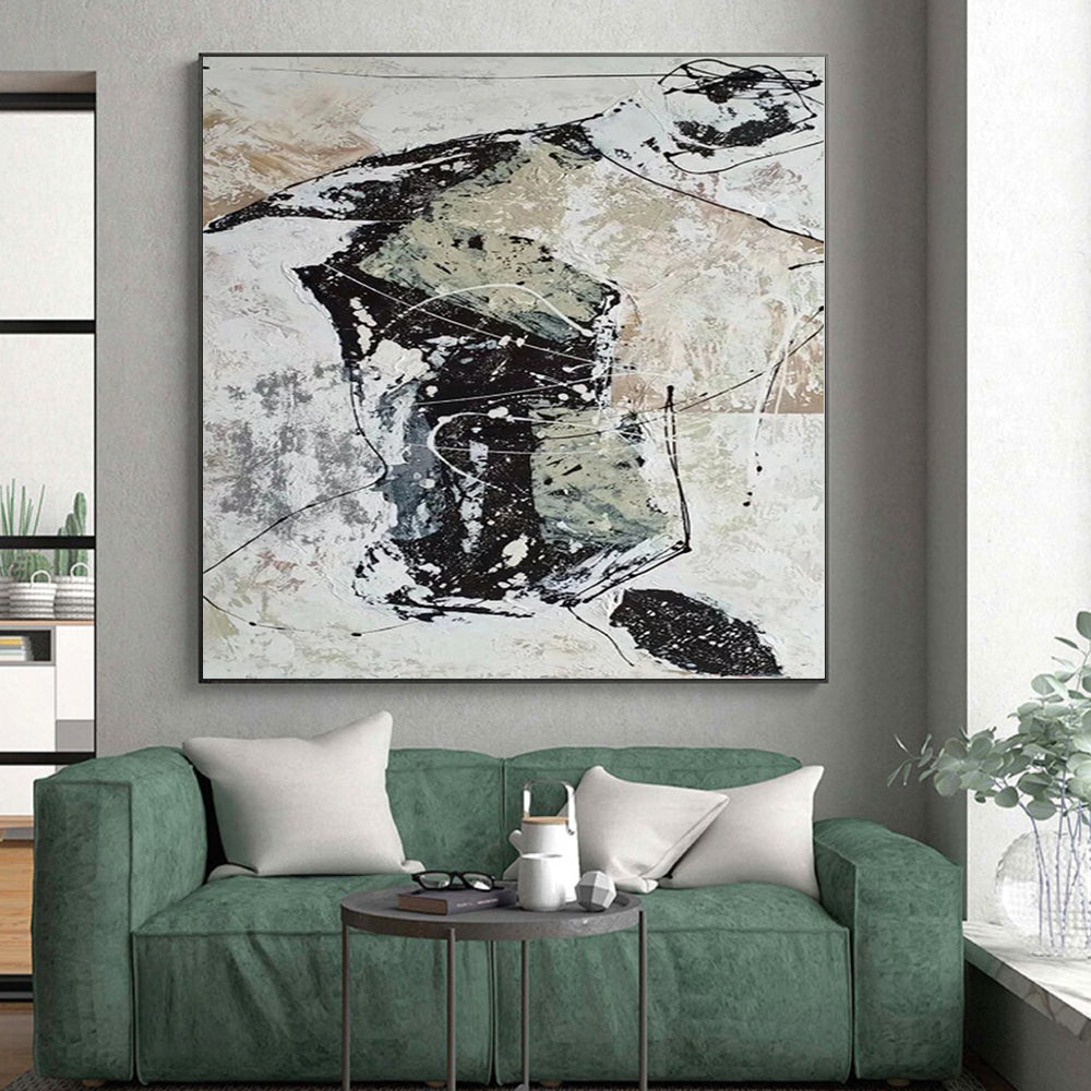 “Black - White - Grey Abstract Dynamic Forms” - Edgy Abstract Painting On Canvas PS0369