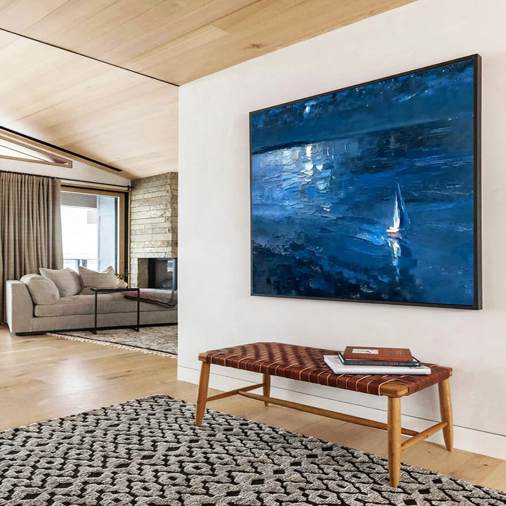 “Blue Night Sea with Sailboat” - Impressionist Seascape - Painting On Canvas PT1784
