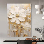 “White - Gold Floral Impasto” - Impressionist - Inspired Floral Painting On Canvas PT1395