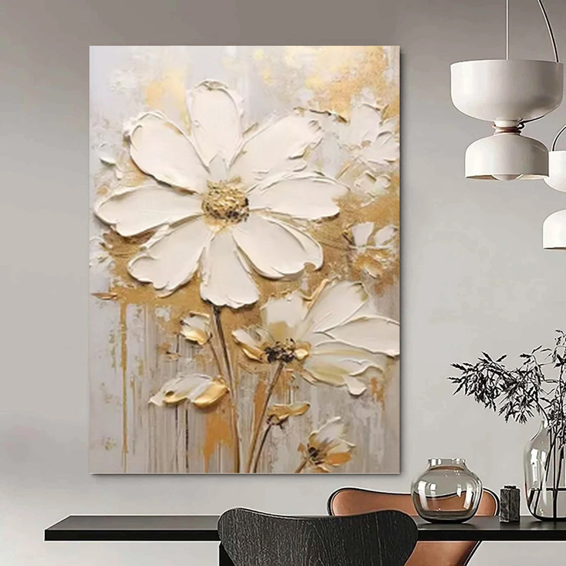 “White - Gold Floral Impasto” - Impressionist - Inspired Floral Painting On Canvas PT1395