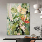 “Soft Green and Pink Floral Abstraction” - Botanical Impressionist Painting On Canvas PT1873