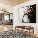 “Elegant Floral Swirl” - White, Black & Gold Floral, Textured Oil Painting On Canvas DKS748